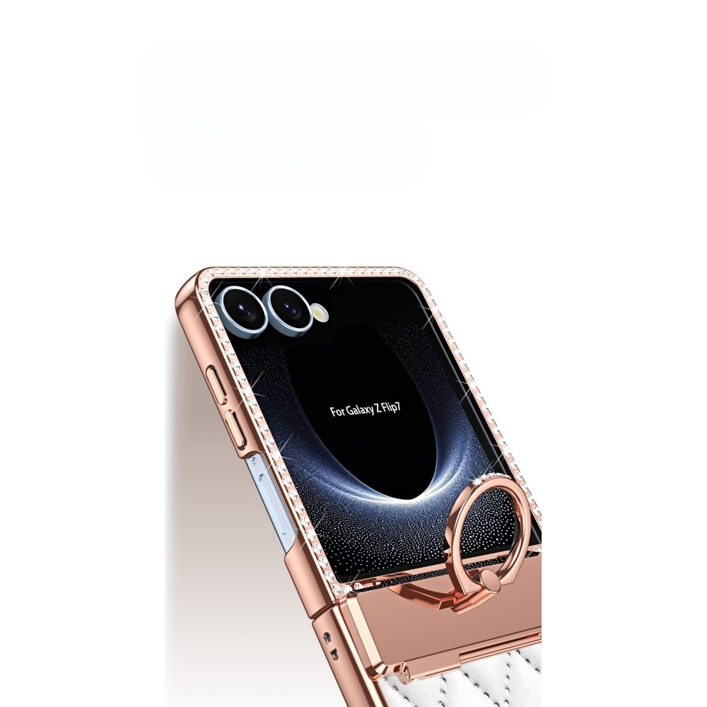 Samsung Galaxy Z Flip7 Hardcase Hülle Finger Griff Ring Halterung Glitzer Design   Scharnier Design - Weiss / Roségold