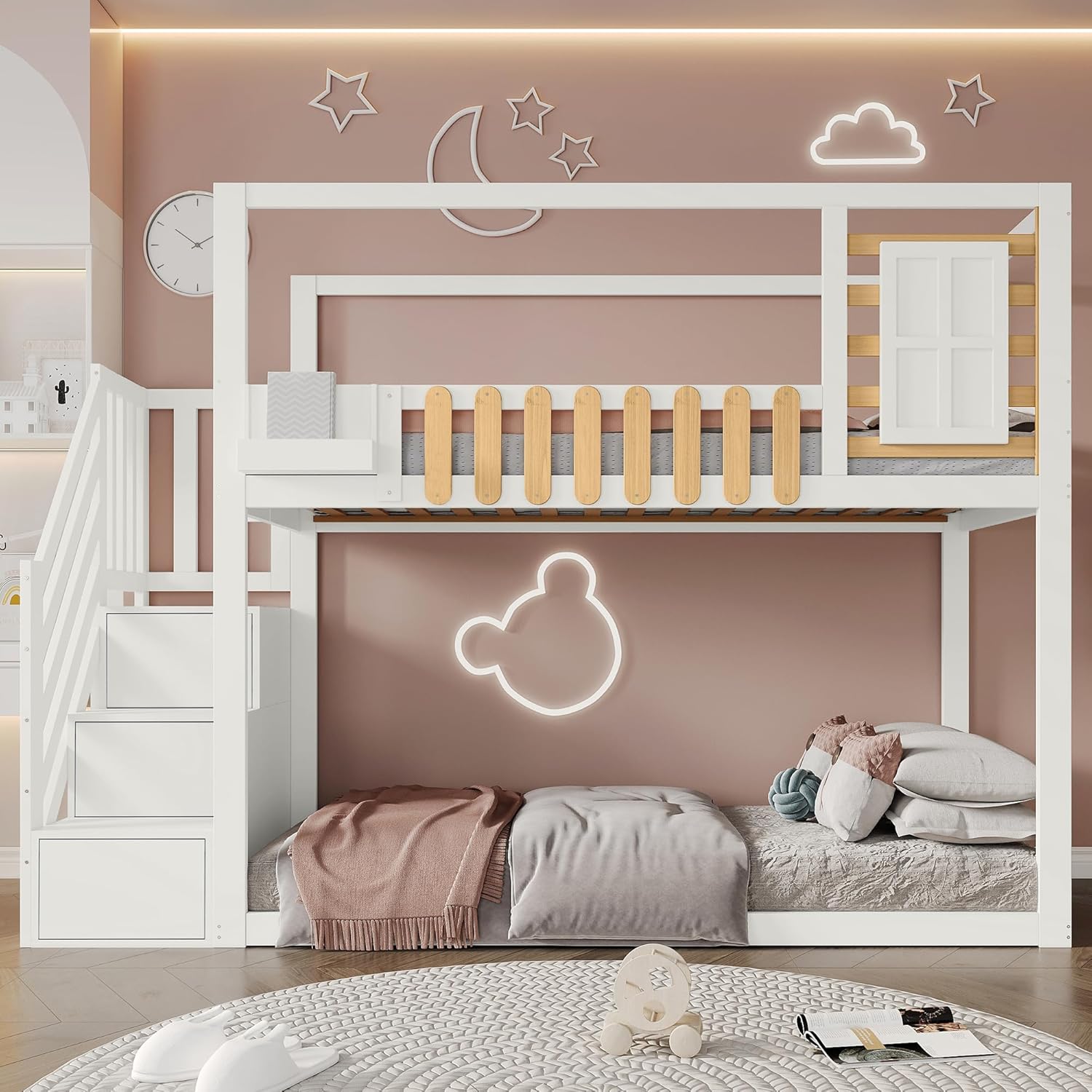 Kinderbett Etagenbett 90x200 cm für 2 Kinder, Hochbett Hausbett mit Treppe Stauraum, Holzbett mit Fenster & Gitter, Bettgestell Kinderbett mit Rausfallschutz & Lattenrost, Ohne Matratze, Weiß
