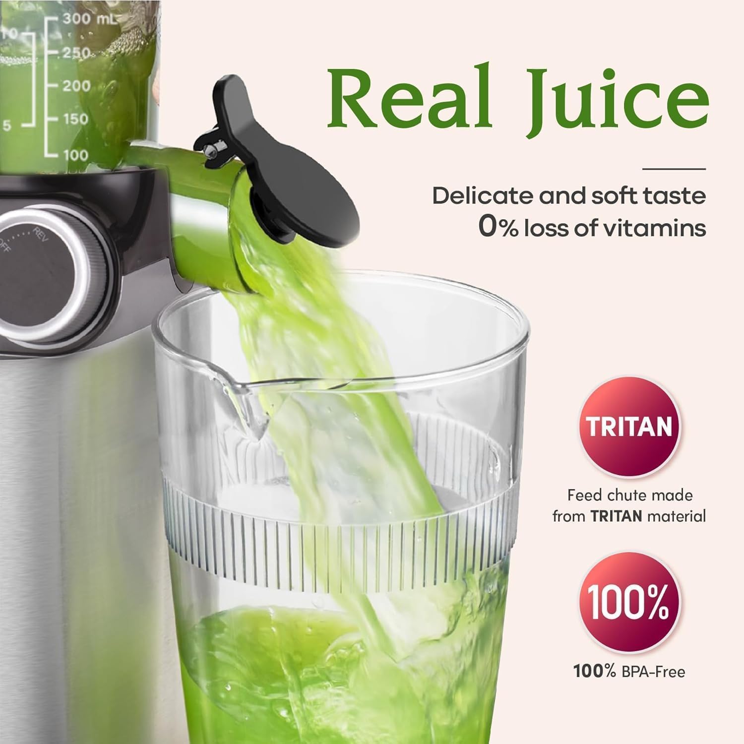 Anybear Entsafter 200W Slow Juicer mit 110 mm großem Einfüllschacht für ganze Früchte/Gemüse | Upgraded Schnecke | Tritan-Material | BPA-frei | Inkl. Saftrezepte (Silbern)