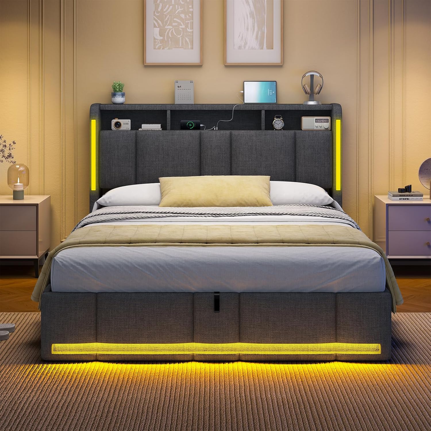AOGLLATI Polsterbett Doppelbett 140x200 mit bettkasten, Hydraulischem Stauraumbett mit LED Beleuchtung & Steckdosen, Bett 140x200 cm mit Stauraum Kopfteil, Lattenrost, Linen,Dunkelgrau (Ohne Matratze)