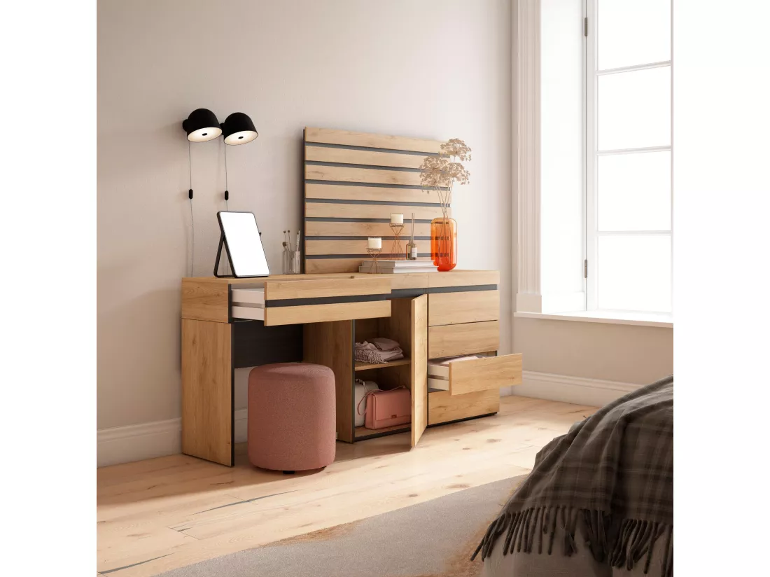 Coiffeuse, 177x35x145 cm, Avec tiroir, Commode, Buffet, Panneaux Muraux en Bois, Chêne