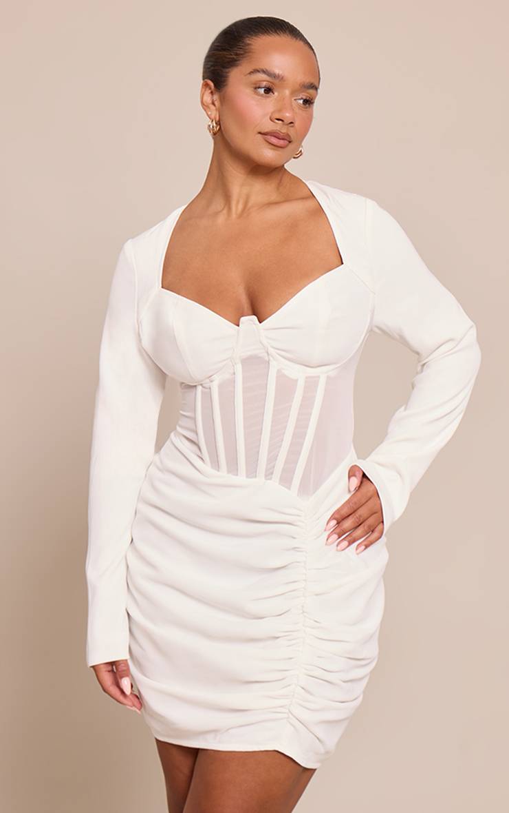 Blanc Robe Mini Moulante À Corset Avec Inserts En Mesh Froncé Sur Les Côtés