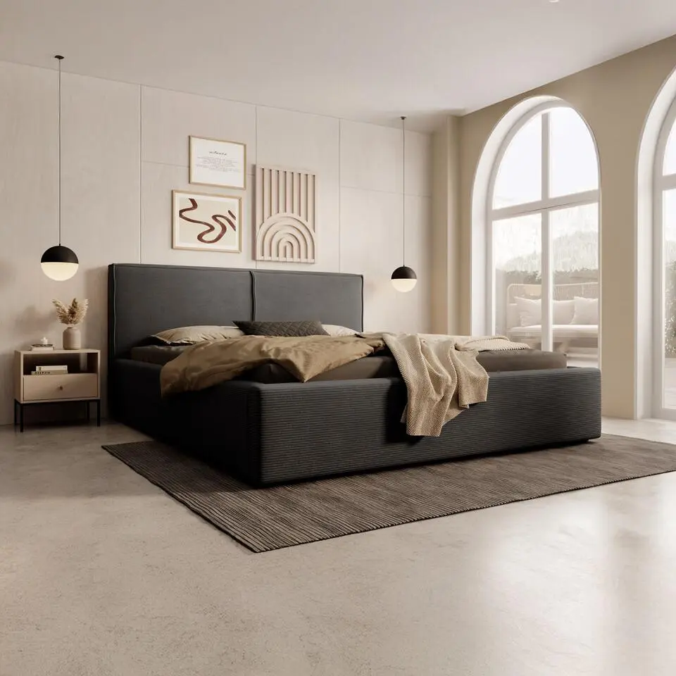 Meubella - Tweepersoonsbed Infinity - Zwart ribstof - 160x200 cm