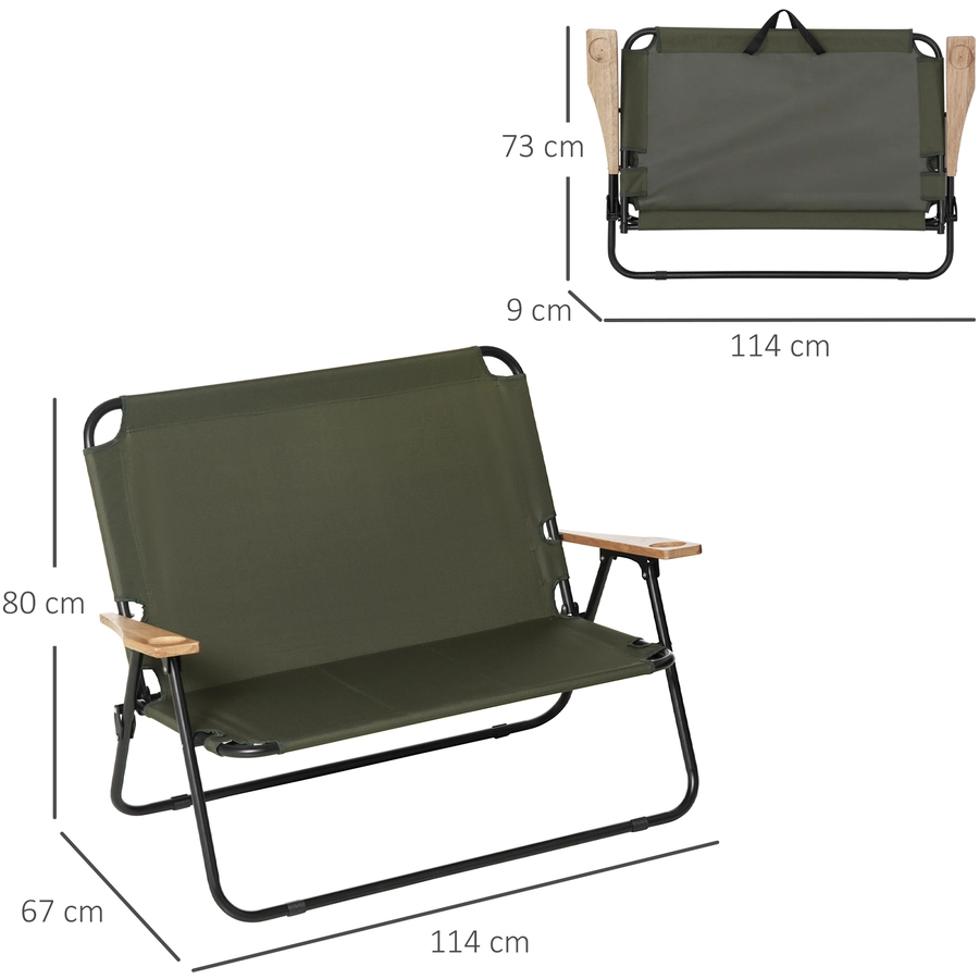 Outsunny Campingstuhl für zwei Personen und mit Becherhalter grün