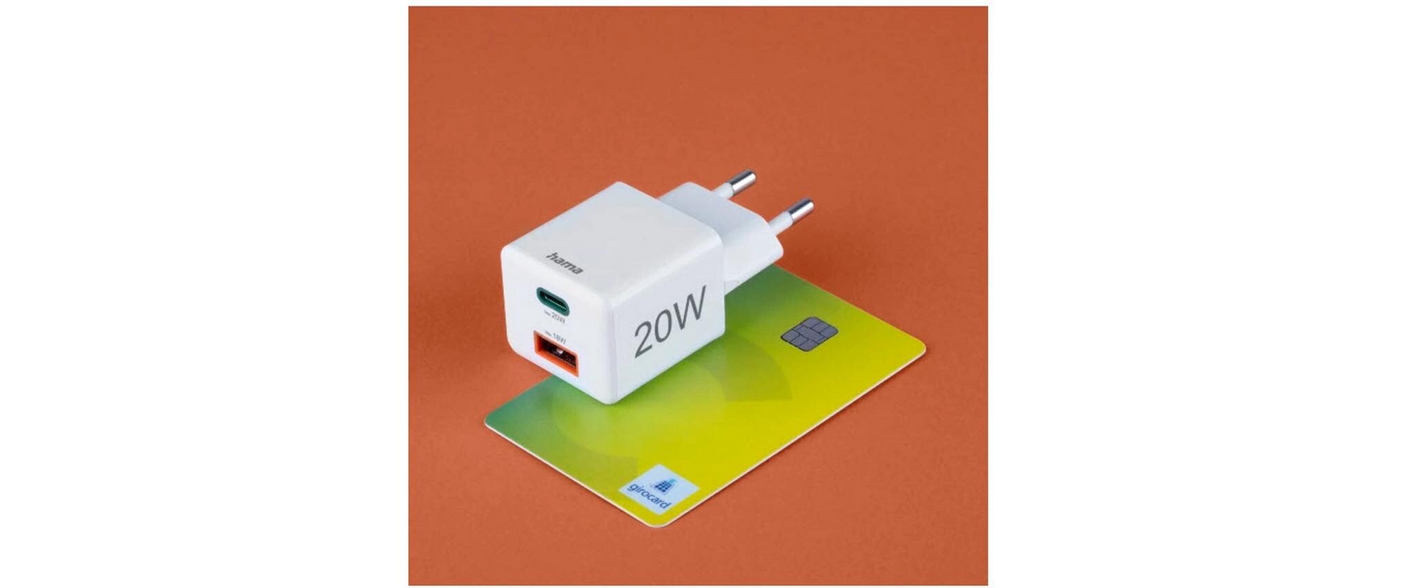 USB-Wandladegerät Gan charger USB-A USB-C 20 W WeissSchnellladegerät mit 1x USB-C und 1x USB-A