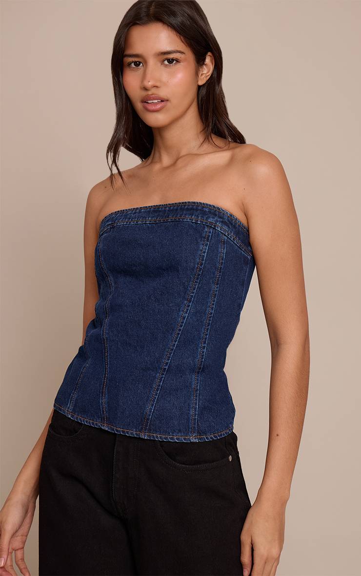Bleu Indigo Top Corset Bustier En Denim Sans Bretelles Pour Grande Taille