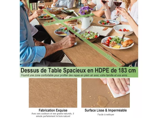 Ensemble Table et Bancs de Pique-Nique avec Cadre Métal, Ensemble de Jardin Imperméable pour 8 Personnes Banc Charge 500KG, pour Jardin Piscine, 183 x 150 x 76 cm (Marron)