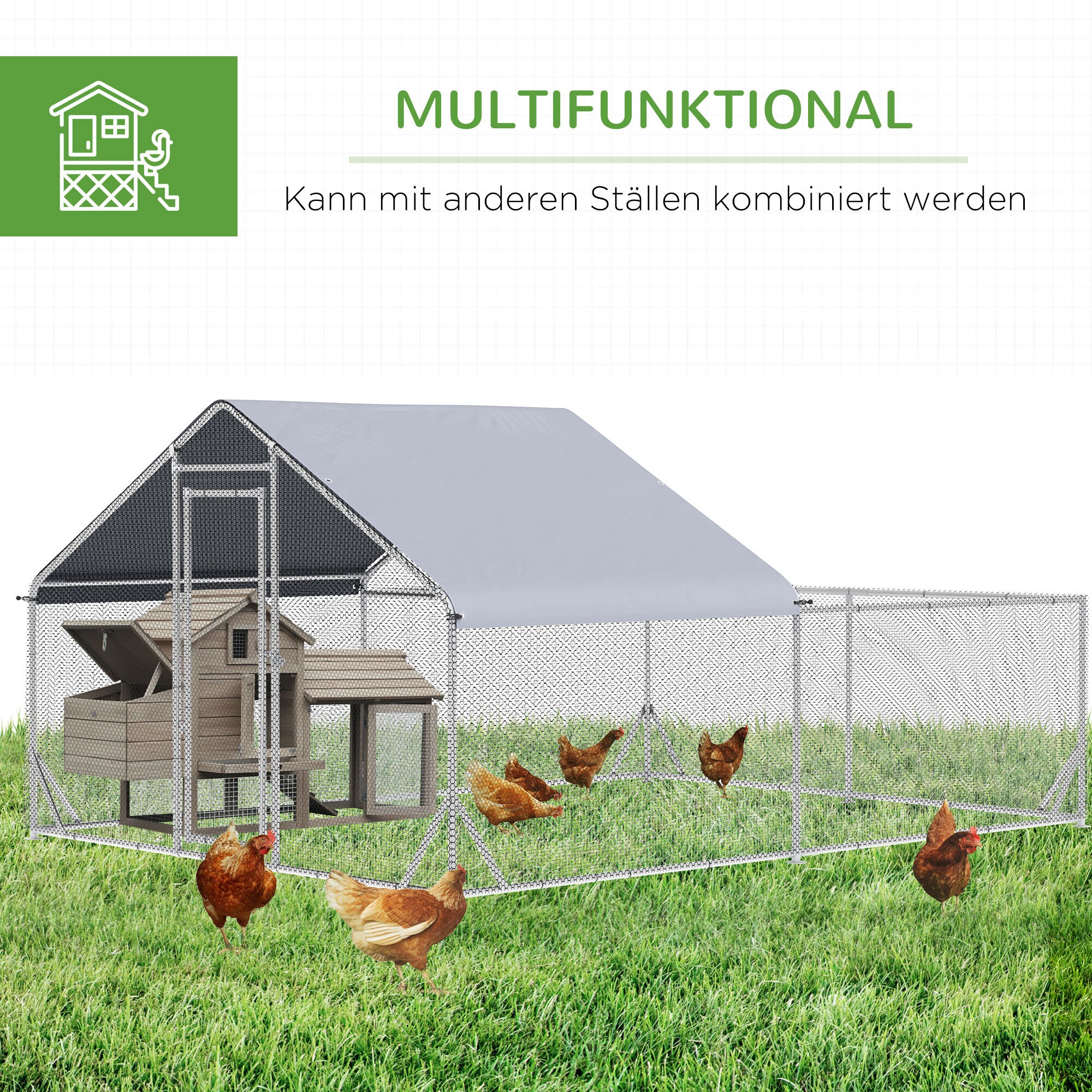 PawHut Zwerghühnerstall mit Sonnenschutzdach silber 400L x 300B x 195H cm
