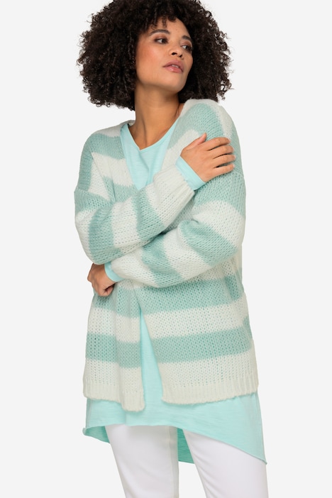Strickjacke, oversized, Blockstreifen, offene Form, V-Ausschnitt, Langarm