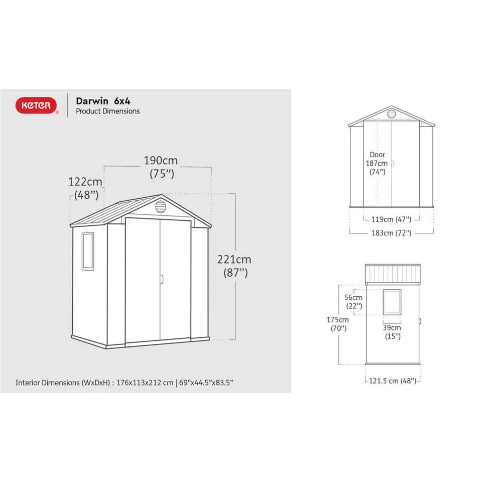 Keter Darwin 64 Tuinhuis - dubbele deuren   ramen - 190x122x221 cm - Grijs
