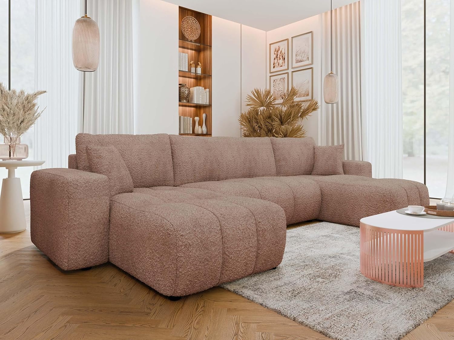 Mirjan24 Wohnlandschaft Furyn U Boucle, Ecksofa mit Schlaffunktion und Bettkasten, U-Form Couch, symmetrisches Polstersofa, Eckcouch (Coral 45)