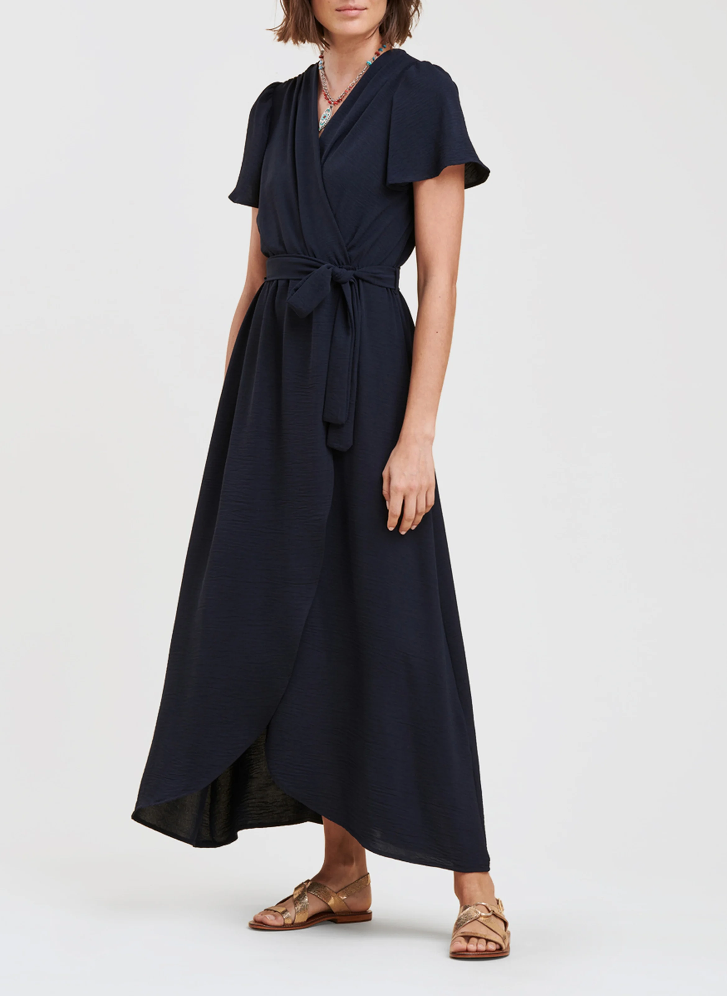 Robe longue col V| Bleu