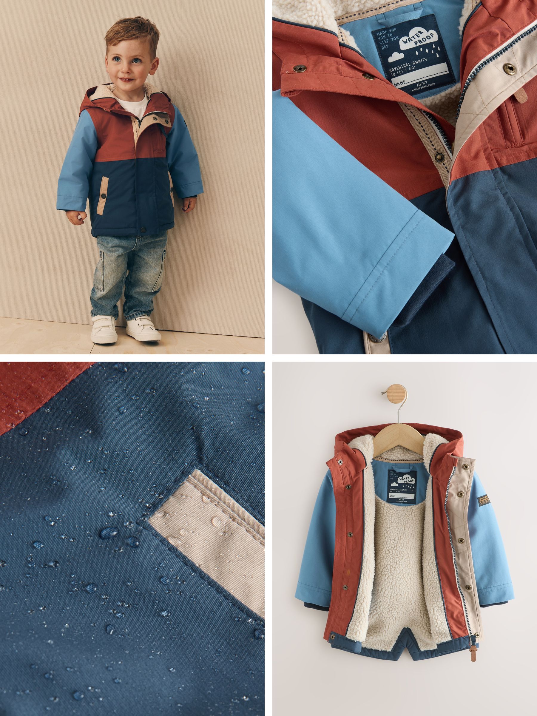 Marineblauw/rood met kleurvlakken - Waterdichte parka met borgvoering (3mnd -7jr)