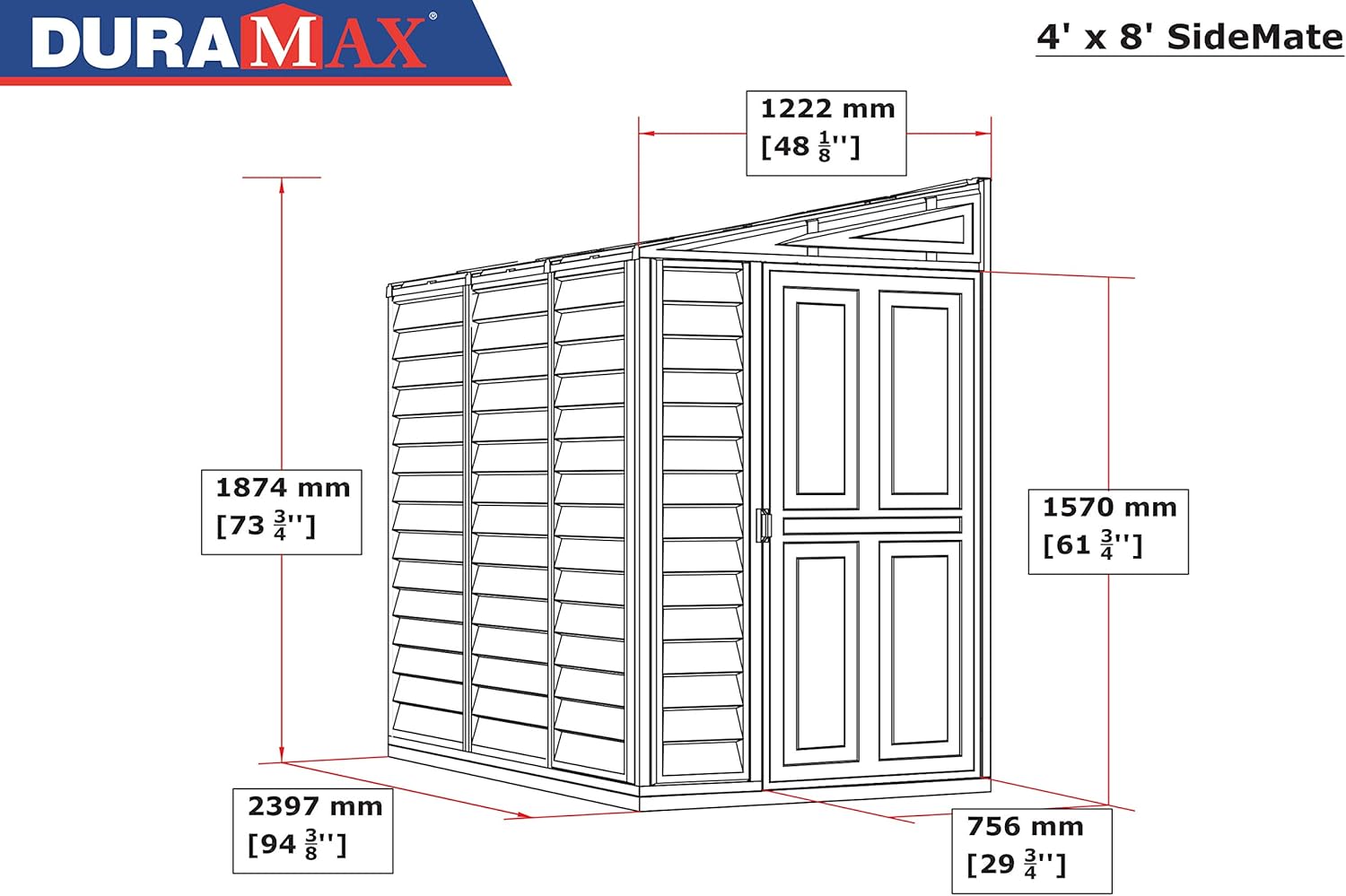 Duramax SideMate 4 x 8 (2.91 m²) Kunststoff gerätehaus mit Metallfundament Set, Wendetür, robuste Metalldachkonstruktion, wartungsfreier Vinylschuppen, Elfenbein