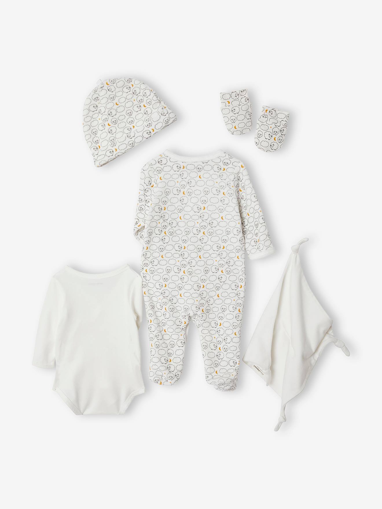 Conjunto para recém-nascido com 6 peças e sua mala leve branca estampada.