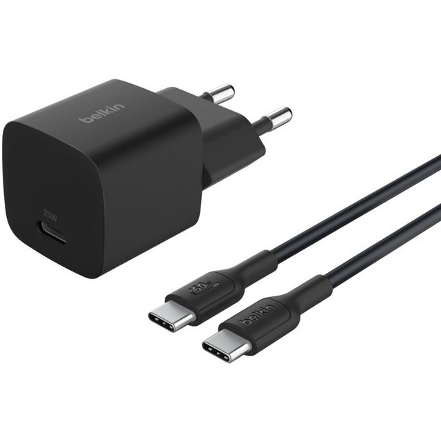 Chargeur pour téléphone mobile Belkin USB-C BoostCharge 25 W Noir pour Smartphone et Tablette + câble USB-C vers USB-C 1 m