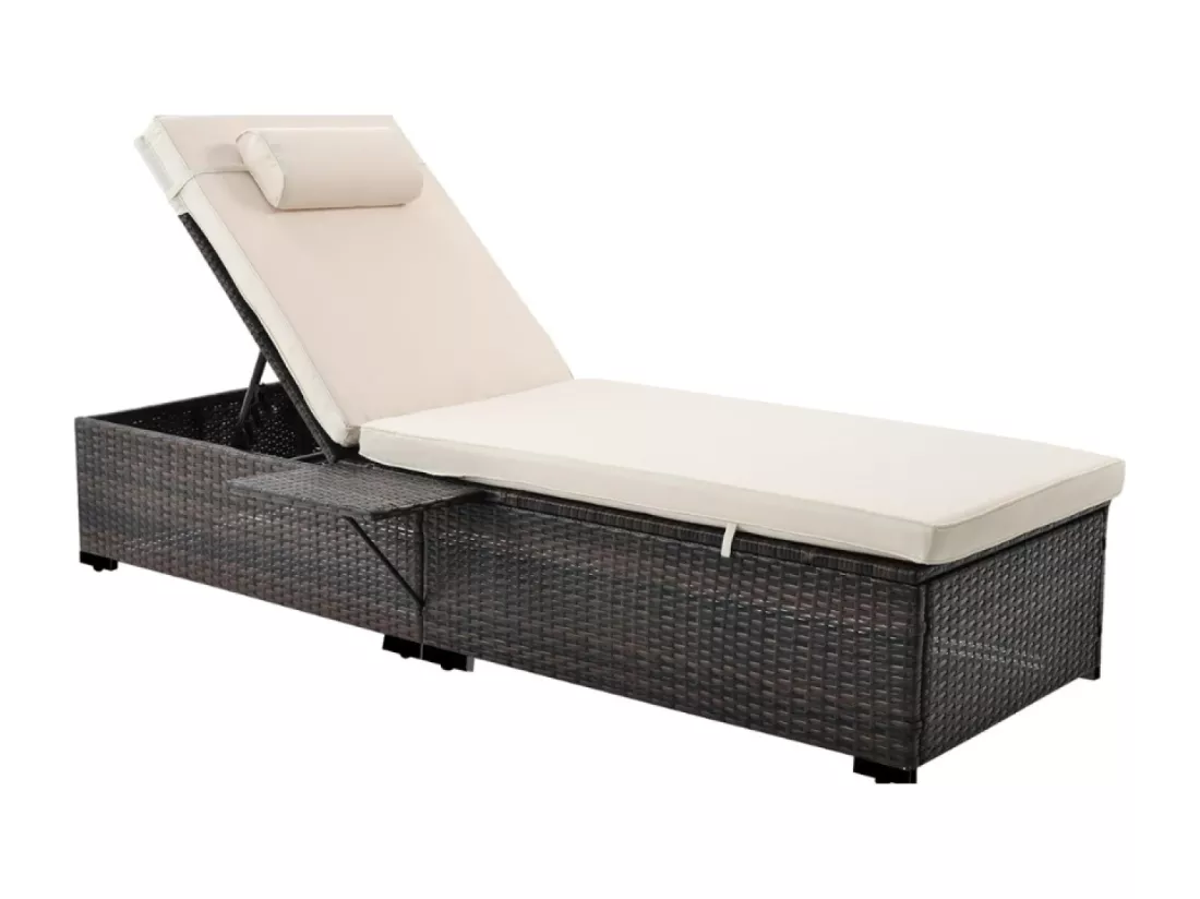Lot de 2 transats coussins beiges en résine tressée avec tablette latérale PUNTA CANA