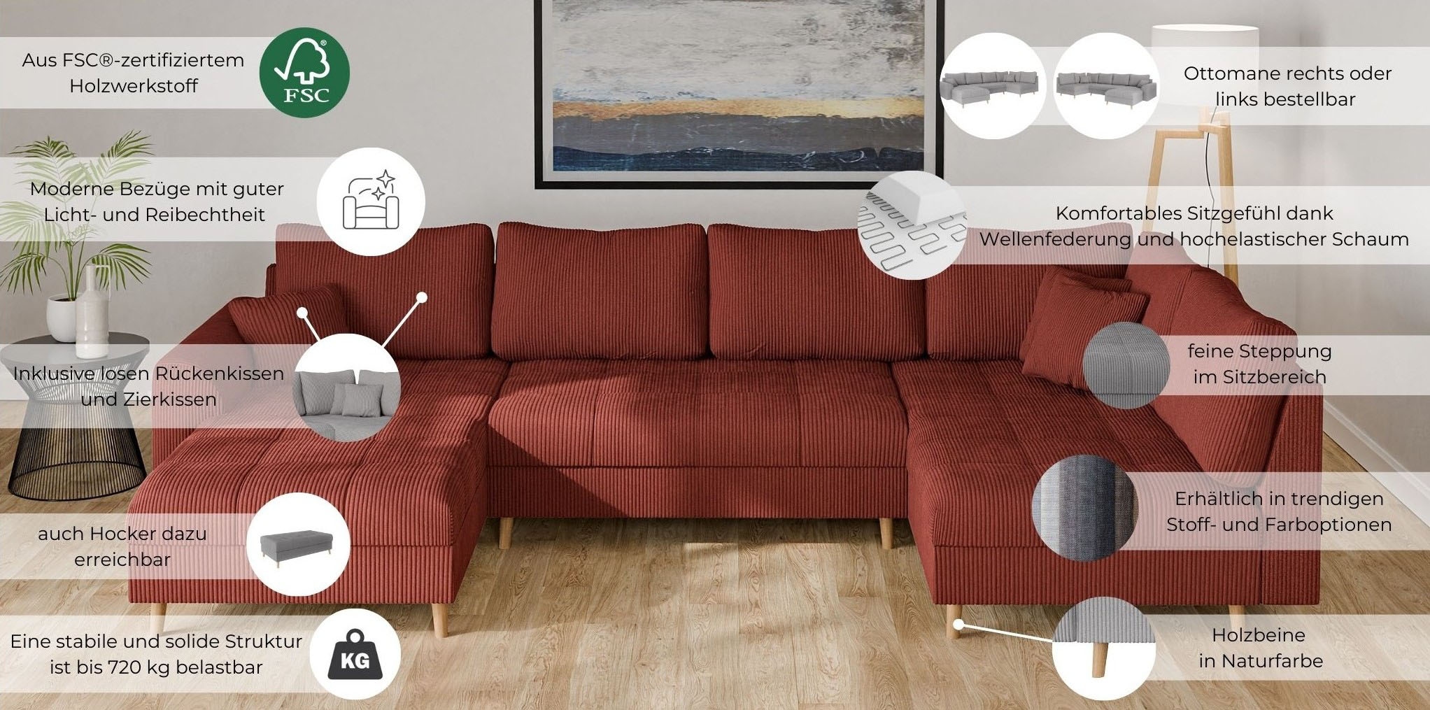 Home affaire Wohnlandschaft »CHARRE U-Form mit Ottomane, Masse B/T/H: 310/161/81 cm« feine Steppung, lose Rücken- und Zierkissen, auch in Cord und Bouclé