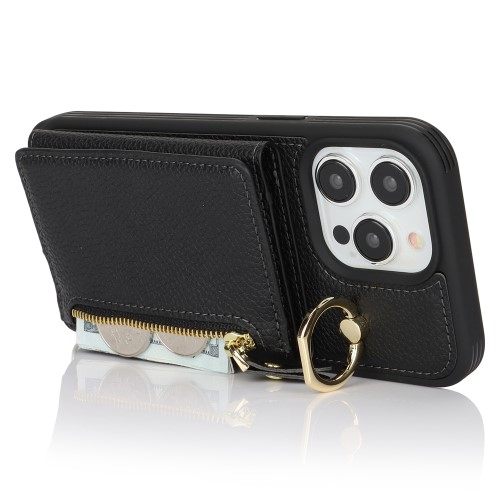iPhone 14 Pro Necklace Leder Hülle mit Münzfach und Kartenfächer   Finger Griff Halterung   Handykette - Schwarz