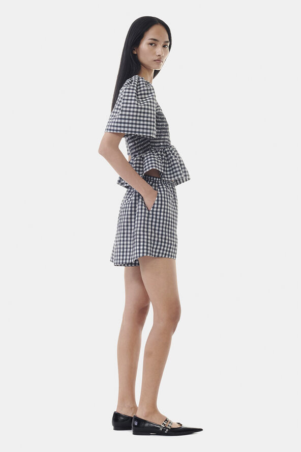 Ganni Seersucker Check Open-neck Smock Bl Egret