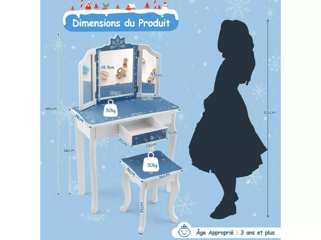 2 en 1 Coiffeuse Enfants Fille avec Miroir Amovible à 3 Volets & Tabouret, Table de Maquillage avec Tiroir & Motif Flocon de Neige, Charge 50kg pour Enfants de 3-7 Ans, (Bleu)