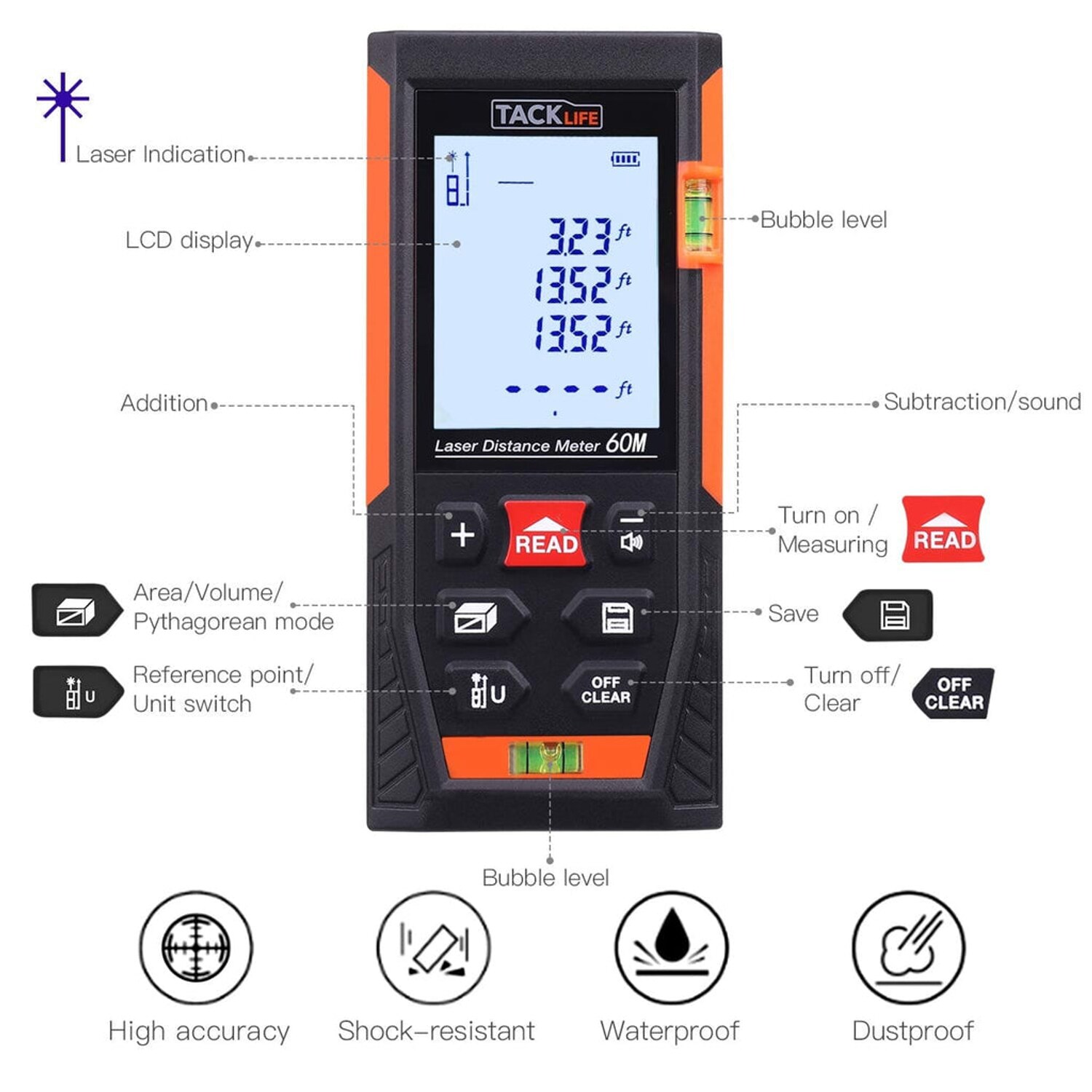 Tacklife HD-60, Classic Laser Messung 196Ft M/In/Ft Stummer Laser Entfernungsmesser