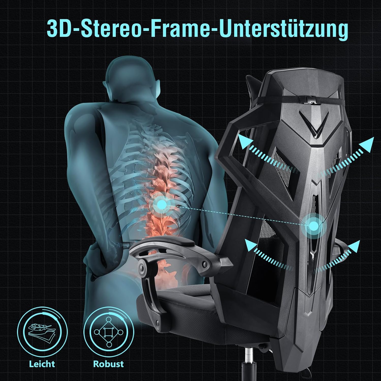 GTPLAYER Ergonomischer Bürostuhl Schreibtischstuhl Gamingstuhl Drehstuhl Verstellbarer Lordosenstütze Kopfstütze Rückenschonend Chefsessel mit Verbindungsarmlehnen Stummrädern schwarz