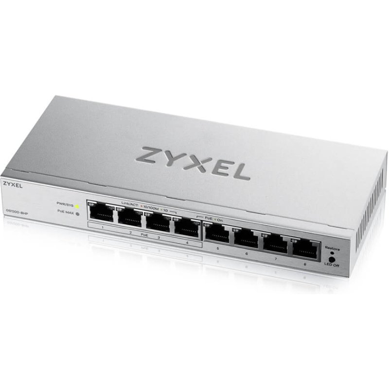 Zyxel GS1200-8HPV3 Géré L2 Gigabit Ethernet (10/100/1000) Connexion Ethernet, supportant l'alimentation via ce port (PoE) Bureau Gris