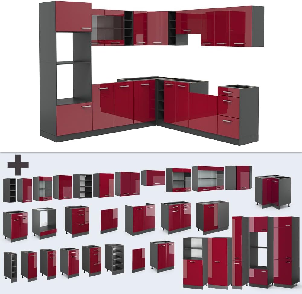Vicco Eckküche R-Line, Rot Hochglanz/Anthrazit, 247 x 46 cm ohne Arbeitsplatte