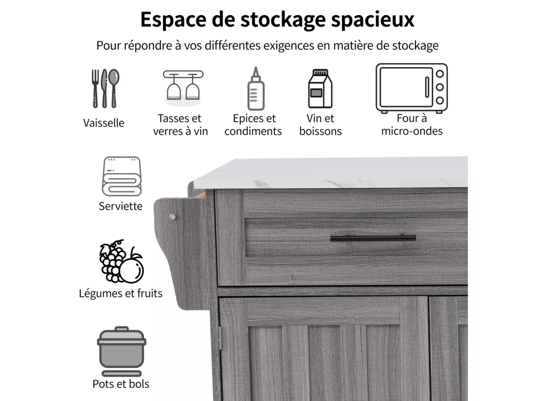 Desserte de cuisine, Chariot de table 129x76x91,5cm, plateau rabattable, étagères intérieures, îlot de cuisine, blanc + gris kaki