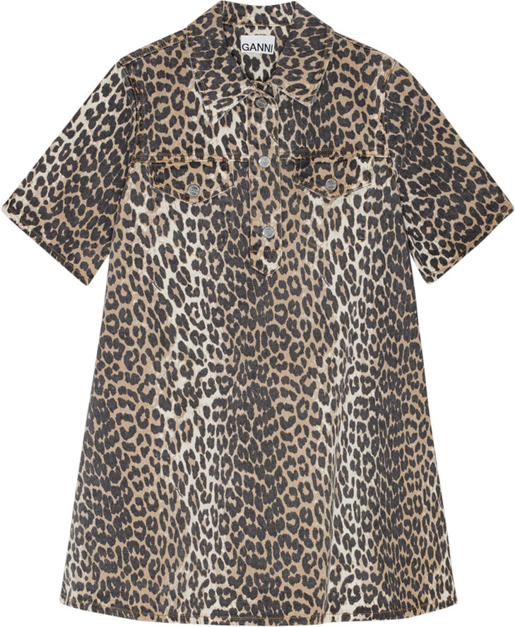 Ganni Print Denim Mini Dress Leopard
