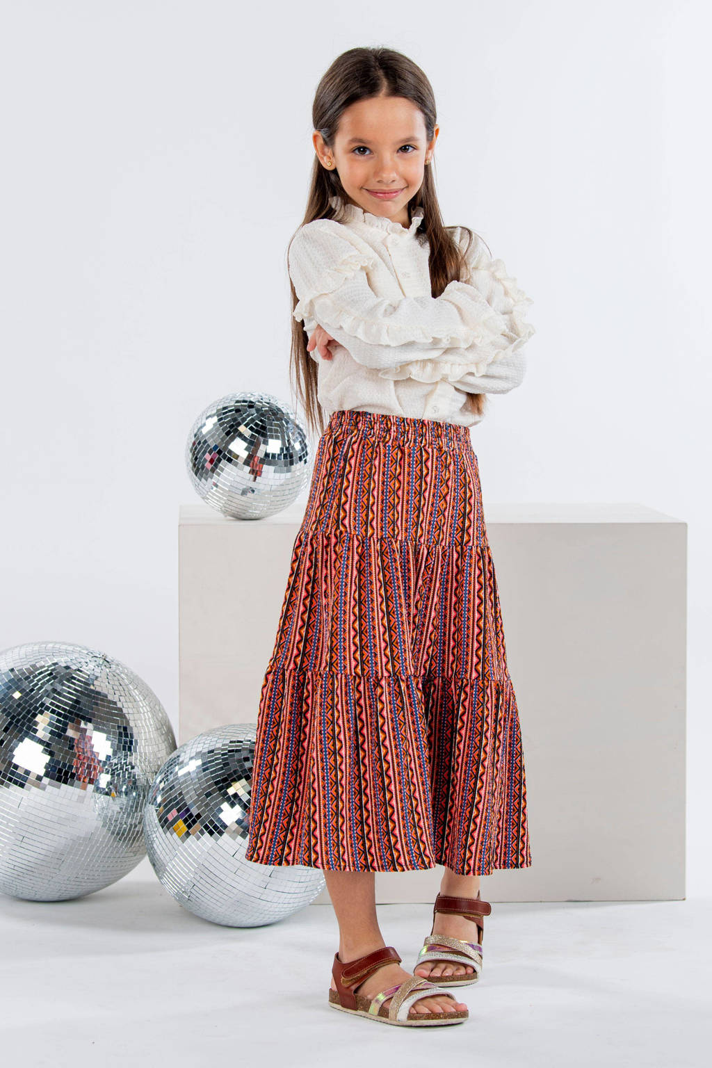 B.Nosy rok met all over print en volant brique/blauw