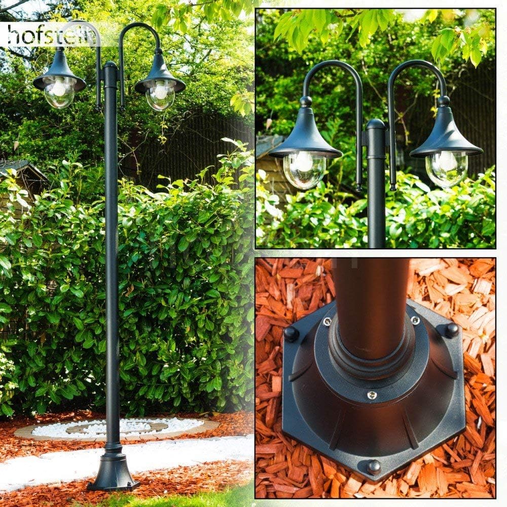 HOFSTEIN Kandelaber Elgin, Außenwegeleuchte aus Metall/Kunststoff in Schwarz-matt/Klar, Wegebeleuchtung in antikem Look 225 cm, 2xE27, IP44, Wegeleuchte im Vintage-Design für Garten, Außenbereich, Hof