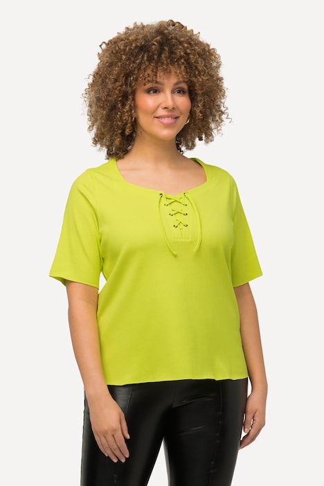 T-Shirt, Rippjersey, Schnürung, Herzausschnitt, Halbarm