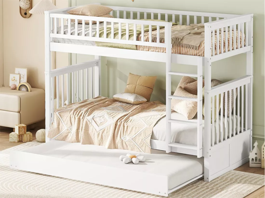 Lits superposés 2 x 90 x 200 cm + lit gigogne 90 x 190 cm - Bois MDF - Blanc - ANTHONY