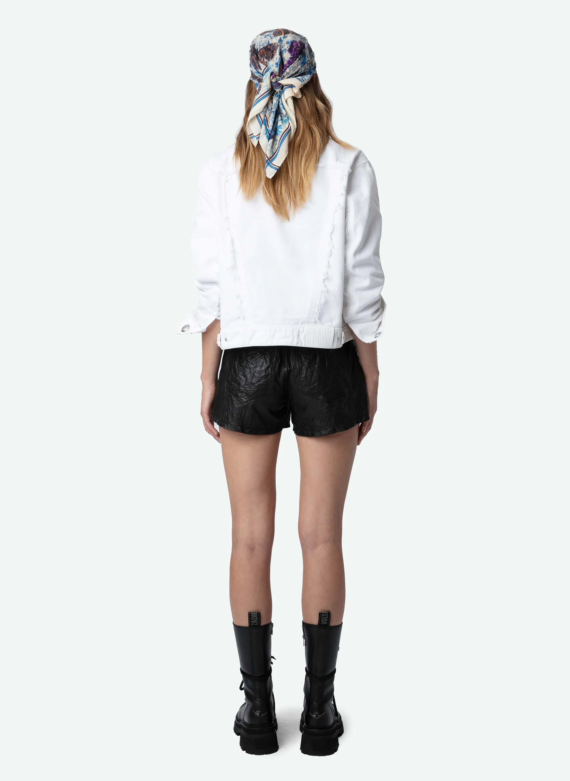 KAELY - Veste col rond brodée en denim| Blanc