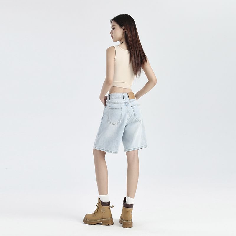 Denimot - Mid Rise Washed Denim Shorts