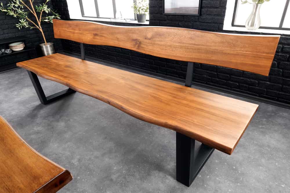 Massive Sitzbank GENESIS 200cm braun Akazienholz mit Rückenlehne Baumkante