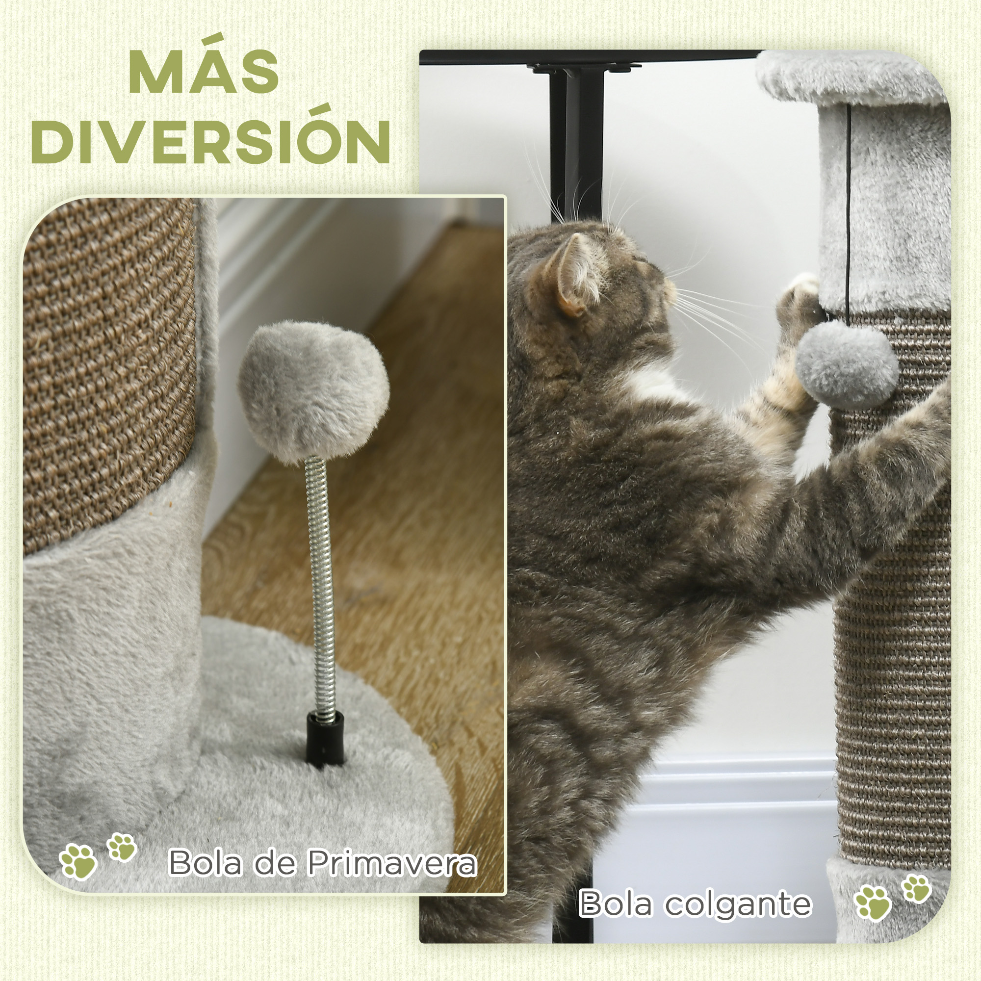 Arranhador para Gatos PawHut de 58cm com Poste de Sisal e Bolas Penduradas, 34x25,5x58cm, Cinza