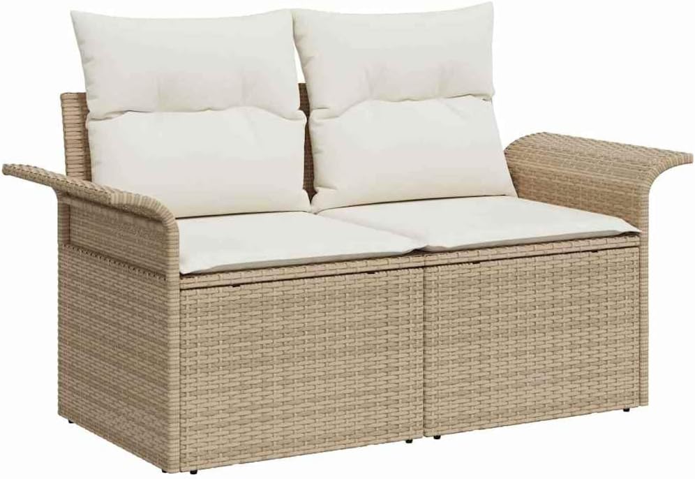 Gartensofa-Set, 4-teilig, Beige Poly-Rattan, mit Kissen, Akazienholz-Akzenten, modulares Outdoor-Möbelset für Terrasse, Balkon, Garten