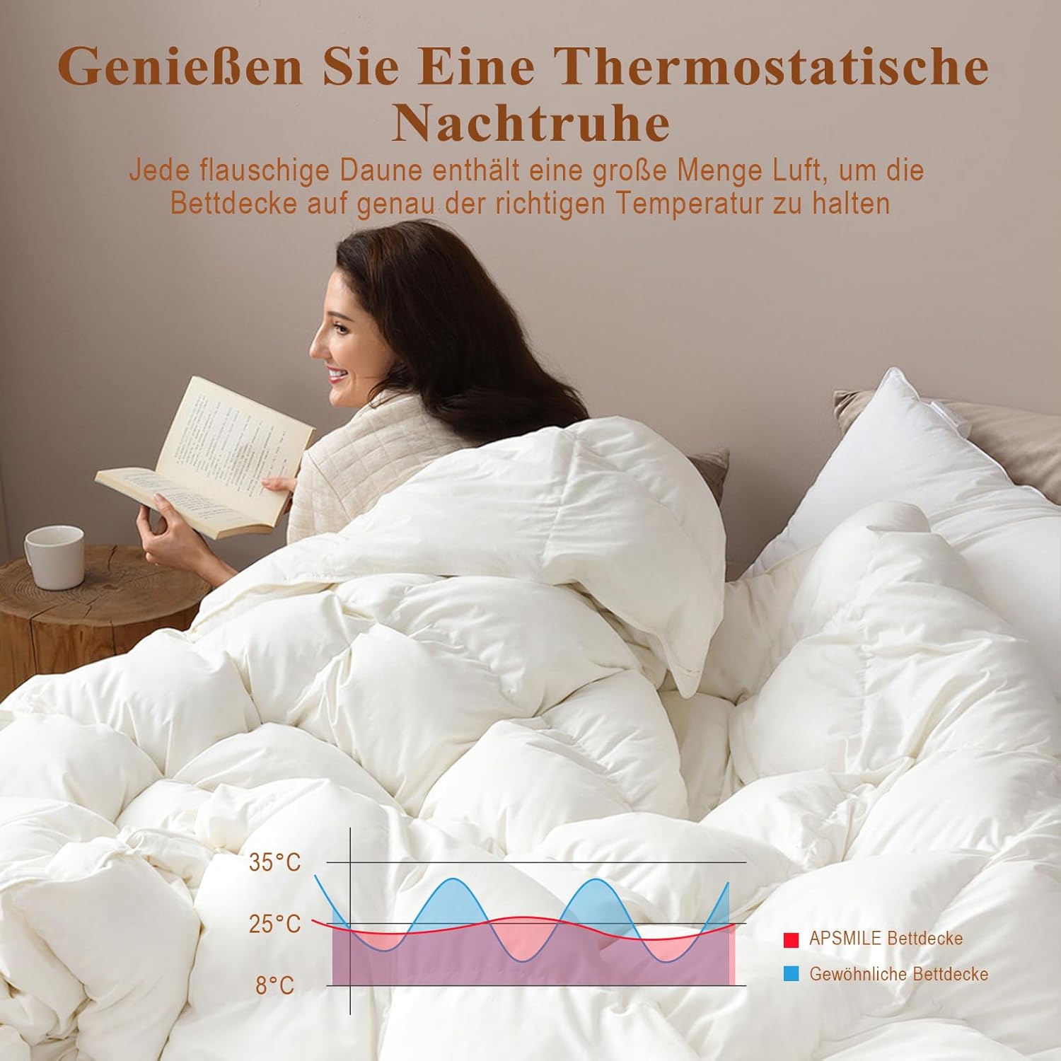 APSMILE Daunendecke 220x240 Ganzjahres I 100% Baumwolle Bettdecke mit 50% Gänsedaunen & 50% Gänsefedern I Allergiker geeignet (Ökotex) | Tierwohl Zertifiziert (DOWNPASS) | Waschbare Federbettdecke