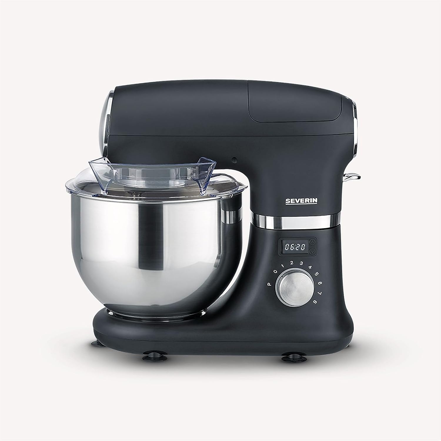 SEVERIN Robot de cuisine avec balance intégrée, robot ptissier pour 3 kg de pte ou 5,5 L, robot ménager robuste avec crochet à pétrir, batteur plat et fouet, 1 000 W, noir, KM 3898