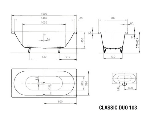 Kaldewei Classic Duo Antislip Badkuip 103 70 x 160 cm alpinewit glanzend antislip coating 290330000001