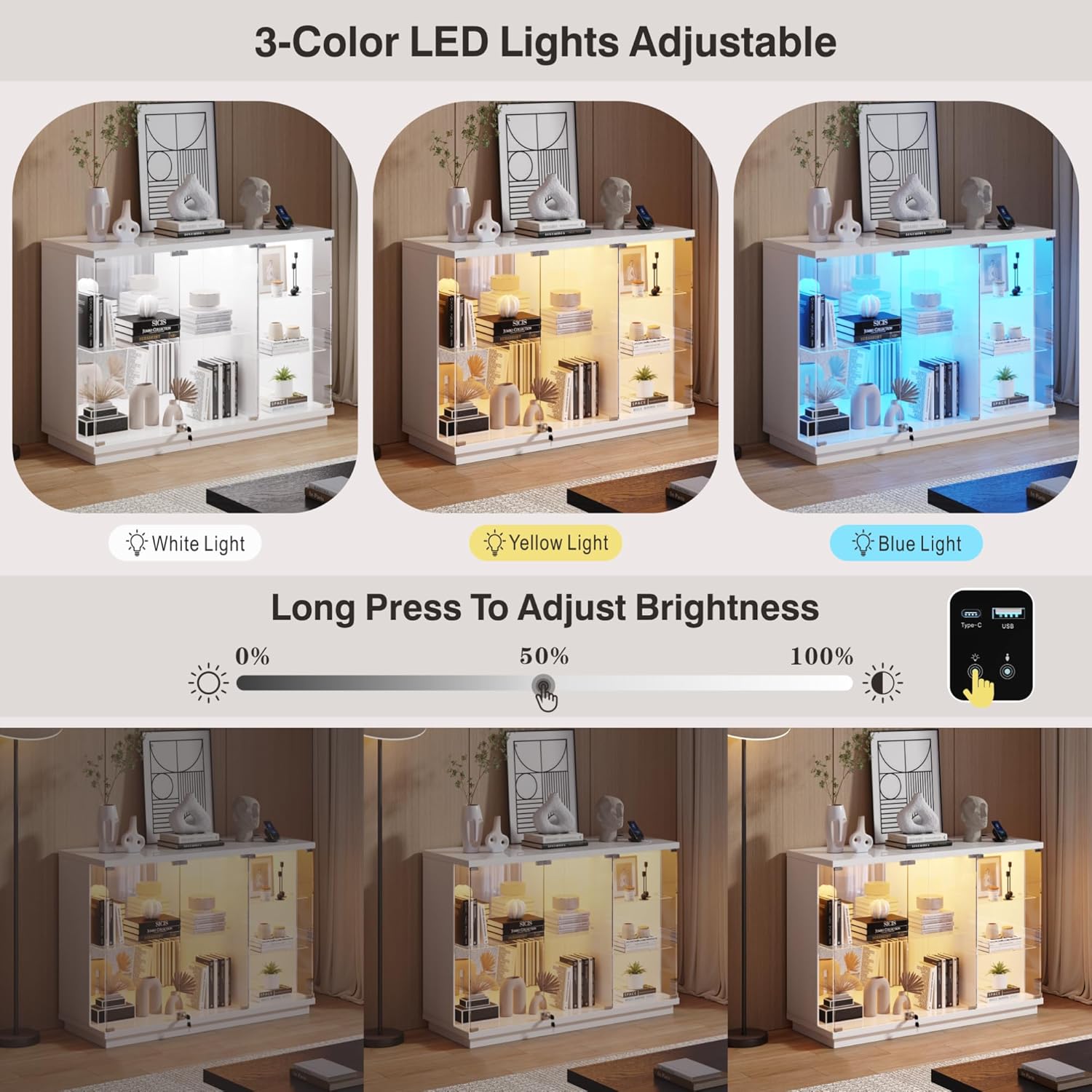 Lvifur Glasvitrine LED Beleuchtung und Glastüren,Glas Vitrinenschrank,Display Cabinet mit Intelligente Sensorik,3-Lagen Holz Vitrine Staubdicht für Wohnzimmer Schlafzimmer Büro,Schwarz