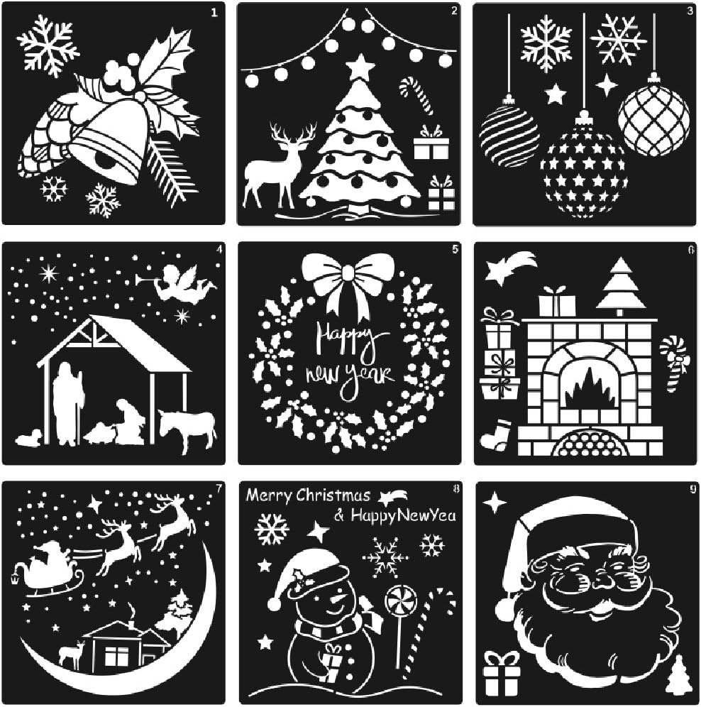(12er Set) 13x13cm Zeichen Schablonen Wiederverwendbare DIY Mal Vorlagen - Weihnachten