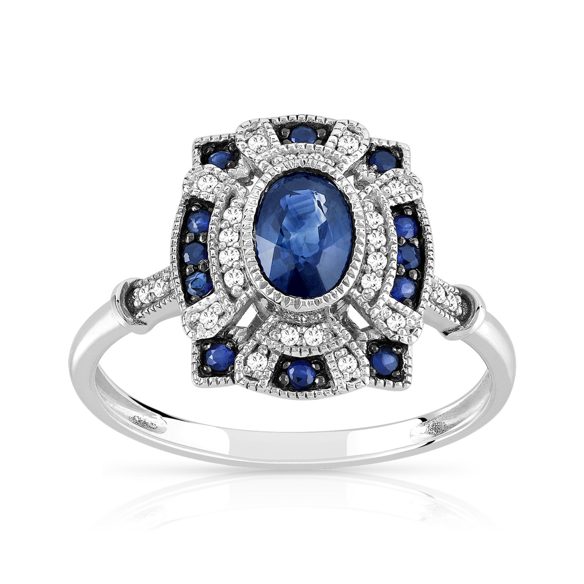 Bague or 750 blanc ovale saphirs et diamants