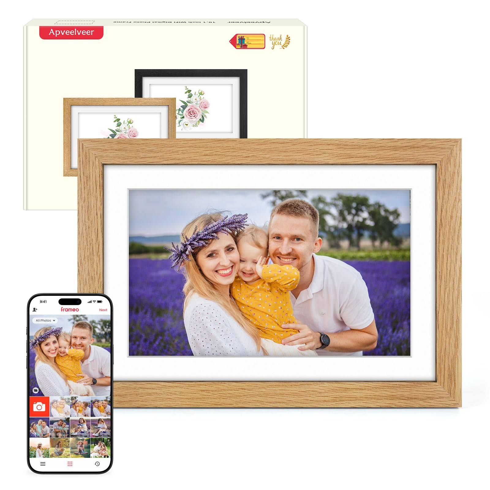 Digitaler Bilderrahmen Holz WLAN mit 32GB Speicher, 10.1 Zoll Elektronischer Bilderrahmen 1280*800 IPS Touchscreen, Fotos/Videos sofort über Frameo