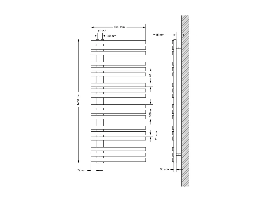 Radiateur de Salle de Bain Iron EM 600x1400 mm Blanc Raccord Central au Bas avec Garniture