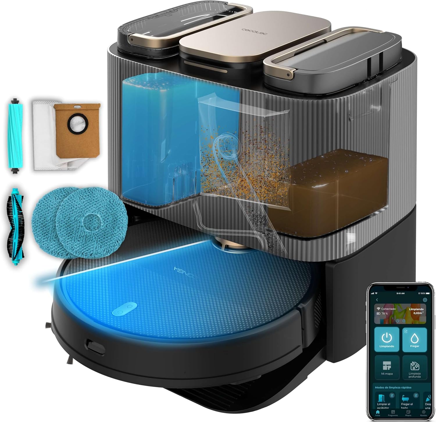 Cecotec Saugroboter Selbstentleerung und rotierende Wischmopps Conga 13090 Spin Revolution Home&Wash Essential. 7000Pa, Lasertech, Silikonbürste, Seitenbürste, APP, Bluetooth, WiFi 2,4 GHz, 5 GHz