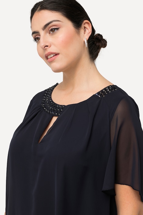 Chiffonkleid, Schmucksteine, A-Linie, Rundhals, Halbarm